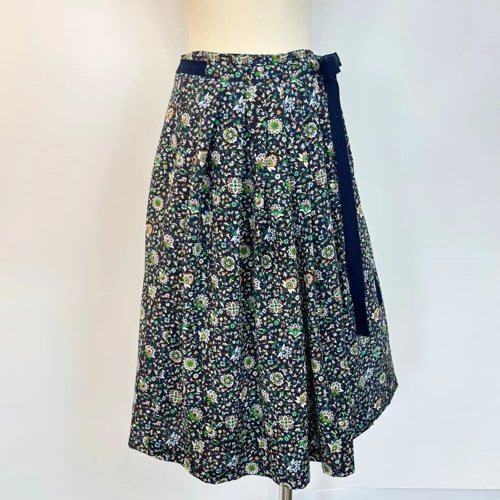 Tory Burch Silk Pleated Wrap Midi Skirt Navy Floral Multicolor Size 6